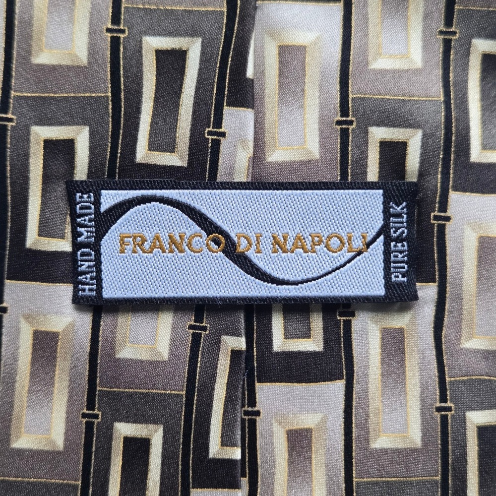Franco Di Napoli Mens Silk Necktie Grey Black Gold Geometric Rectangle Hand Made